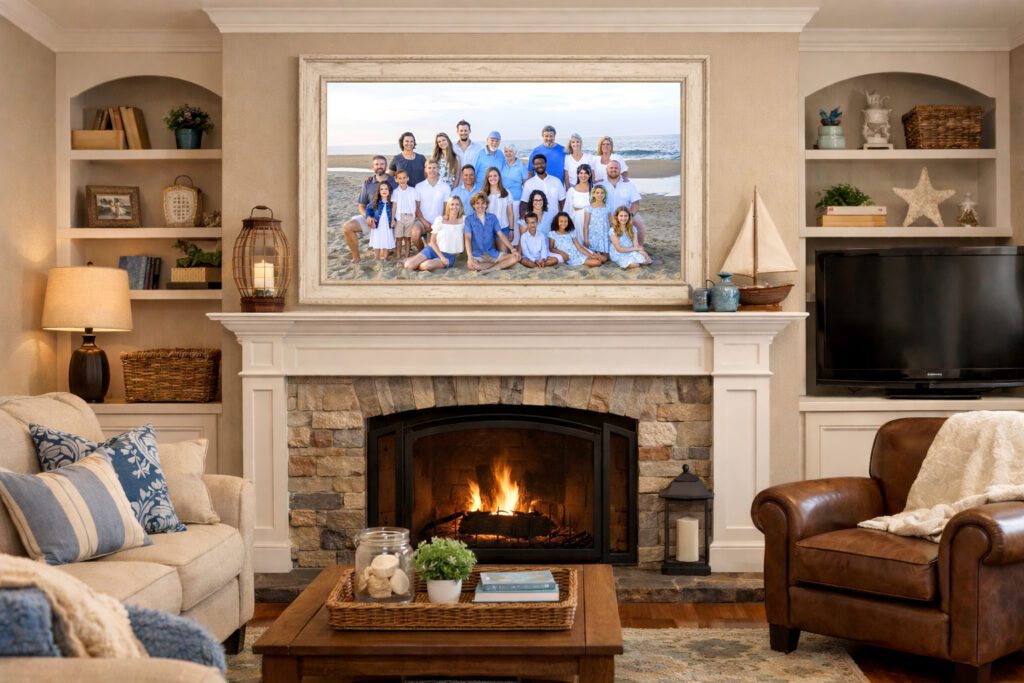 Framed Outer Banks family portrait displayed in beach house living room Corolla NC