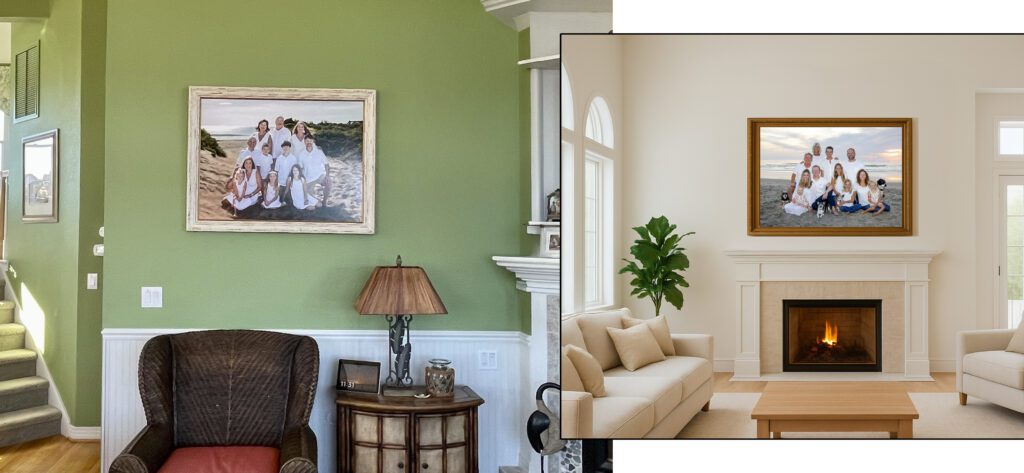 Multi generational family portrait displayed as heirloom wall art in home