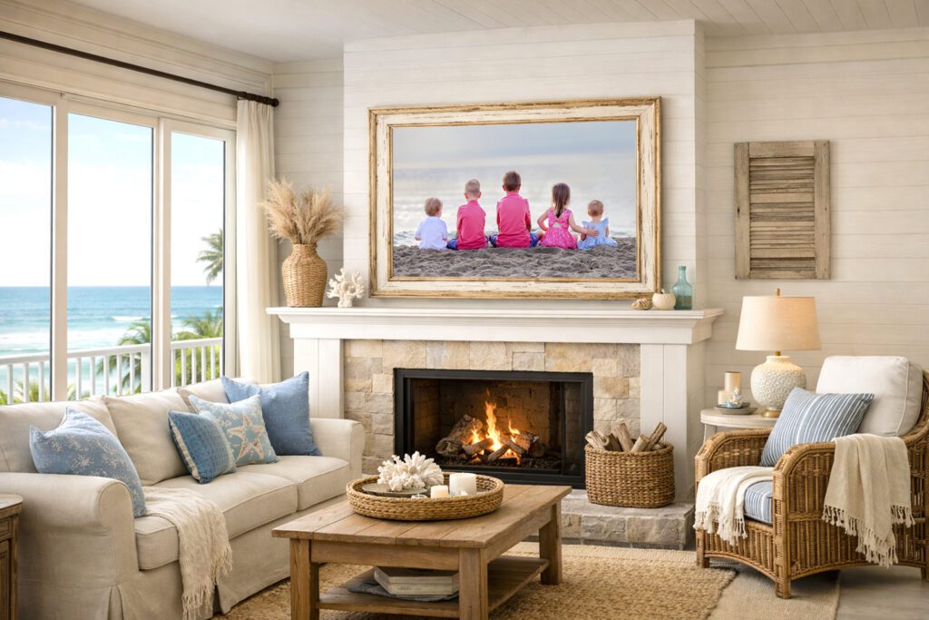 Museum quality archival family portrait hanging in coastal home
